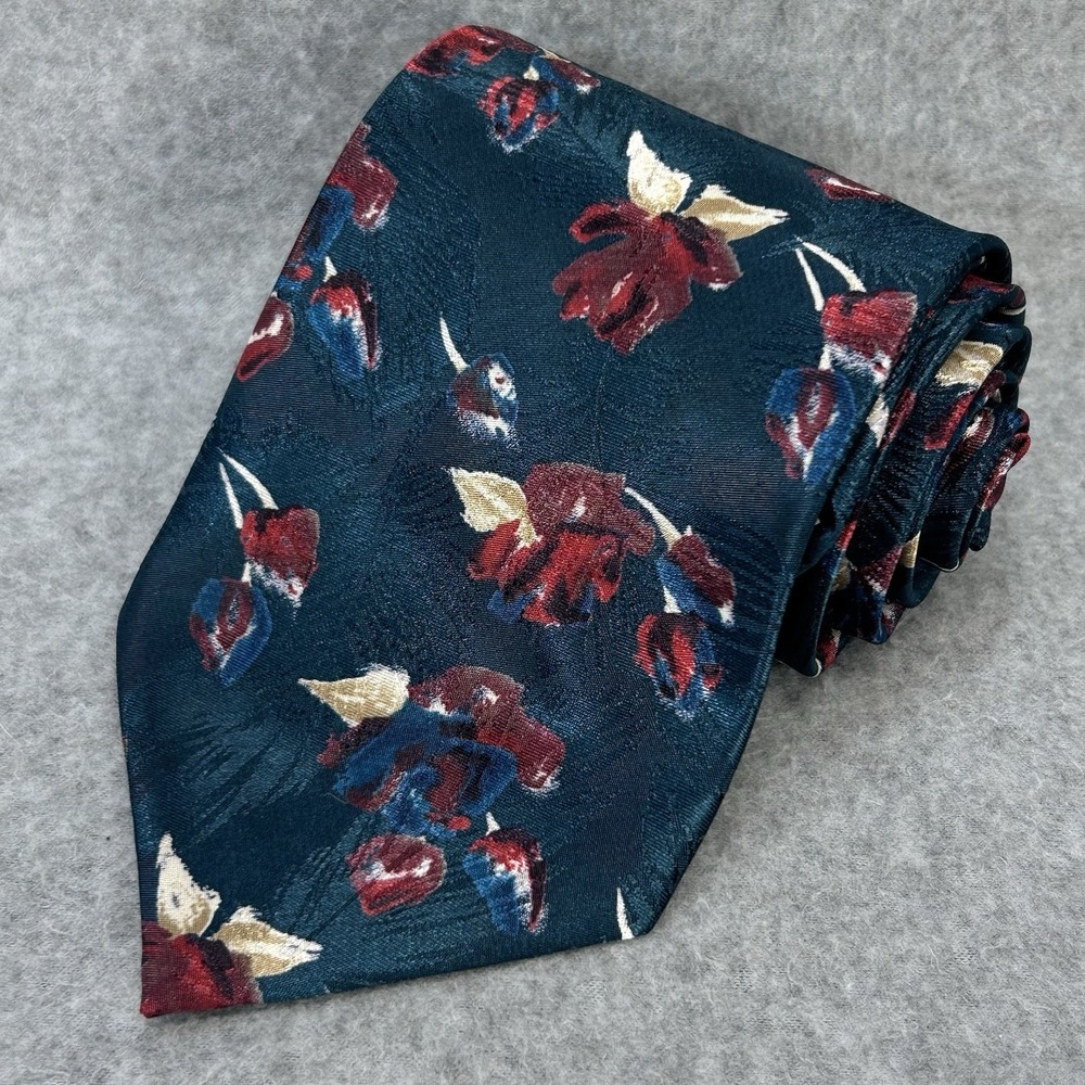 Golden House Floral Necktie Teal Burgundy USA Made 100% Polyester Classic